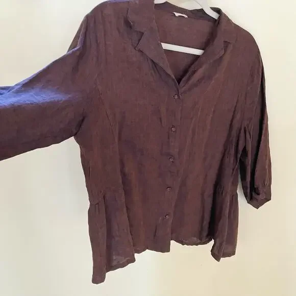 Poetry Brown Linen Peplum Button Down Top - Picture 4 of 10